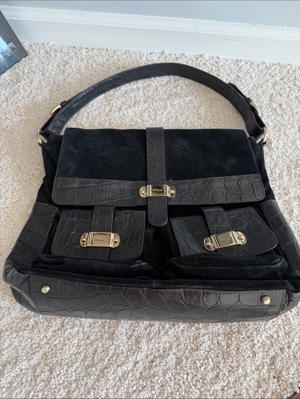 Furla Black Suede and Croc-Embossed Shoulder Bag with Gold Hardware